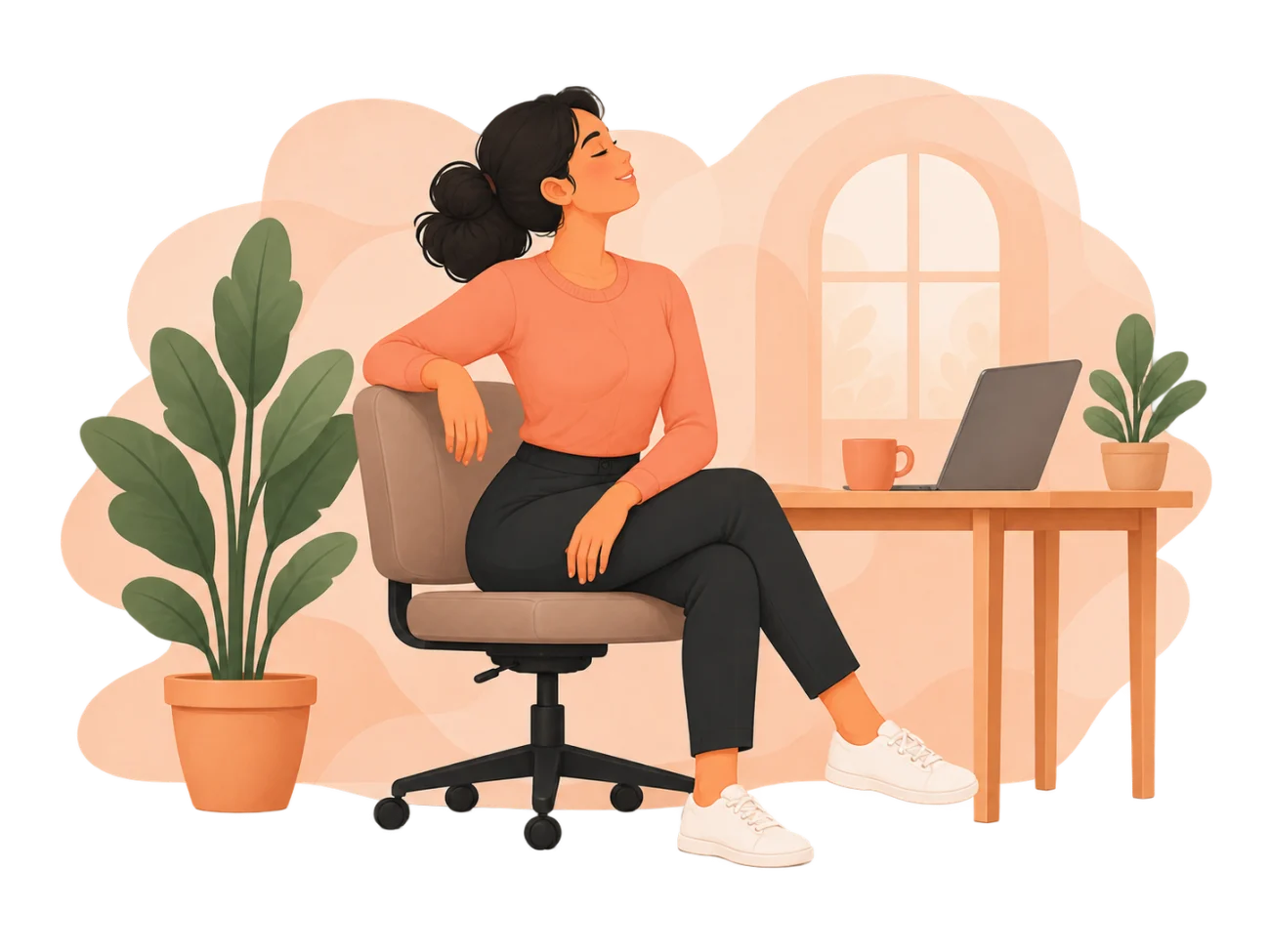 Illustrated woman taking a seated pause beside her laptop and plants.