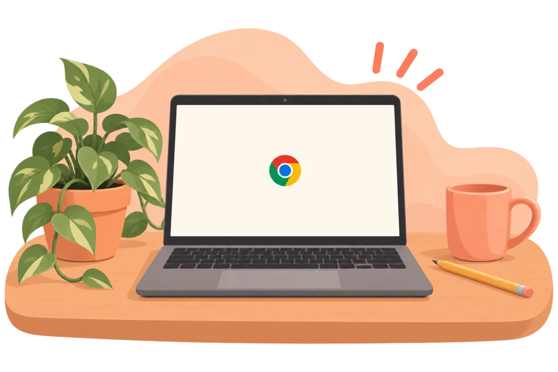 Illustrated laptop with a browser symbol, a leafy plant and a peach mug on a wooden desk.