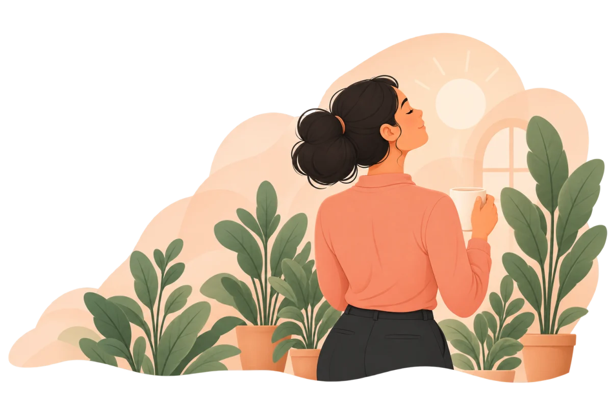 Illustrated woman holding a mug among leafy plants and warm organic peach shapes.