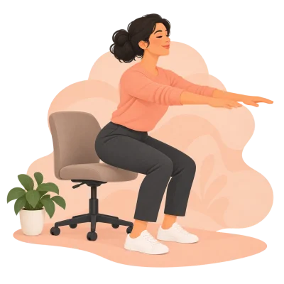 Illustrated woman moving in front of a desk chair.