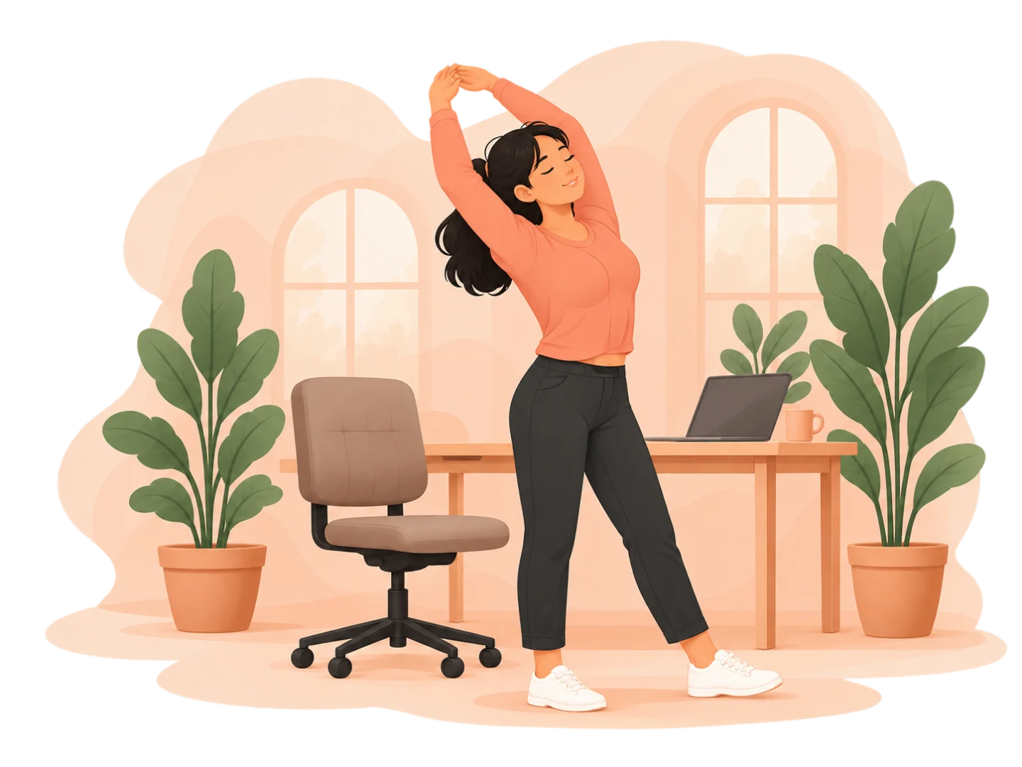 Illustrated woman stretching beside a desk, chair and leafy plants in a warm peach workspace.