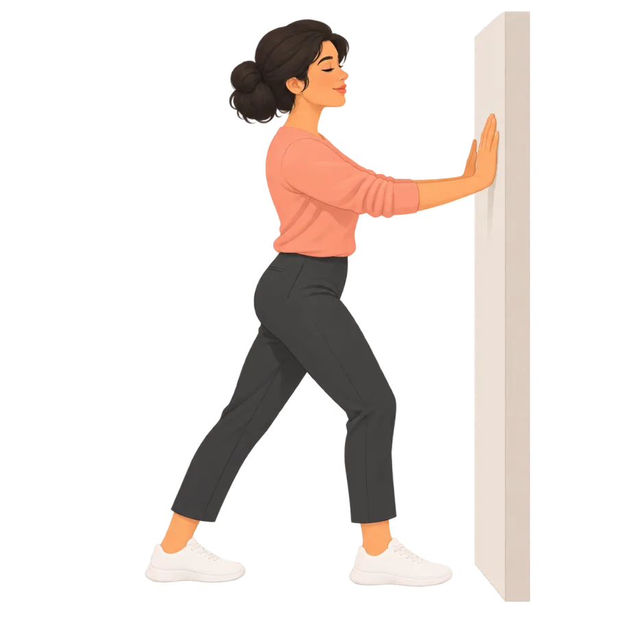 Side view of a standing calf stretch with the rear heel flat and hands resting on a wall.