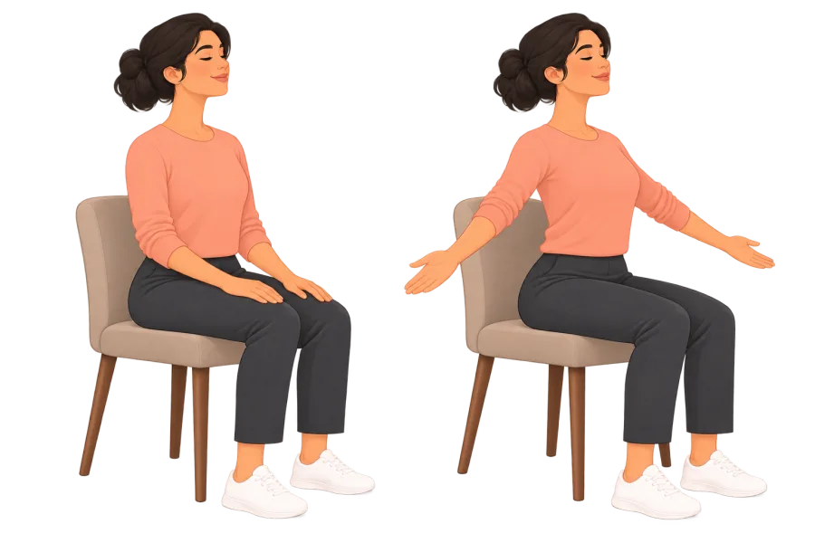Seated upright, then opening both arms gently to the sides while keeping feet on the floor.