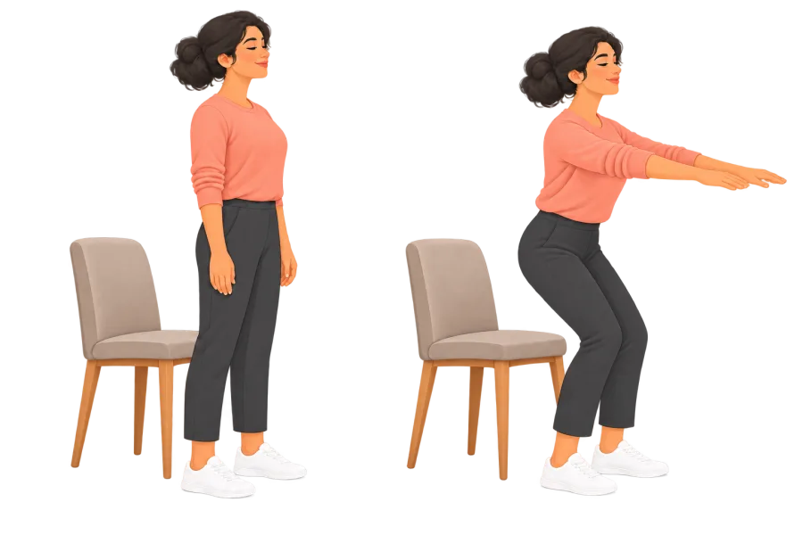 Standing upright, then bending the knees a little with heels on the floor.