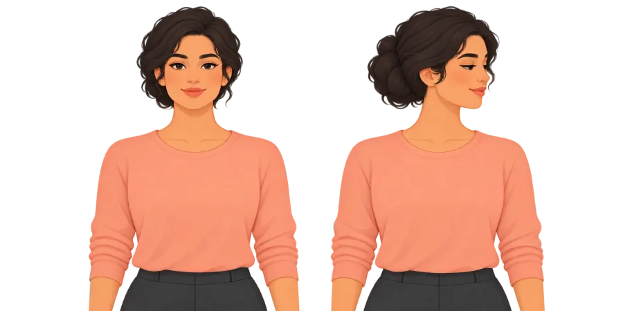 Two upper-body views showing the head forward, then turned gently while the shoulders stay forward.