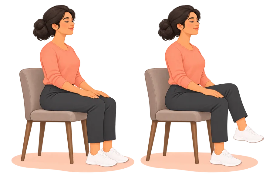 Two seated positions showing both feet flat, then one knee lifted gently while the other foot stays on the floor.
