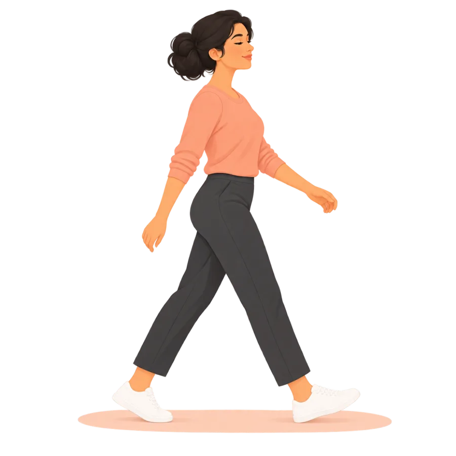 Walking forward at a comfortable pace with a natural arm swing.