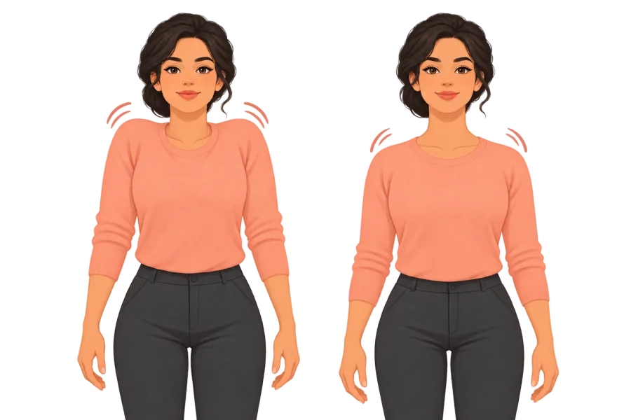 Two upper-body views showing shoulders lifted, then relaxed down with arms at the sides.