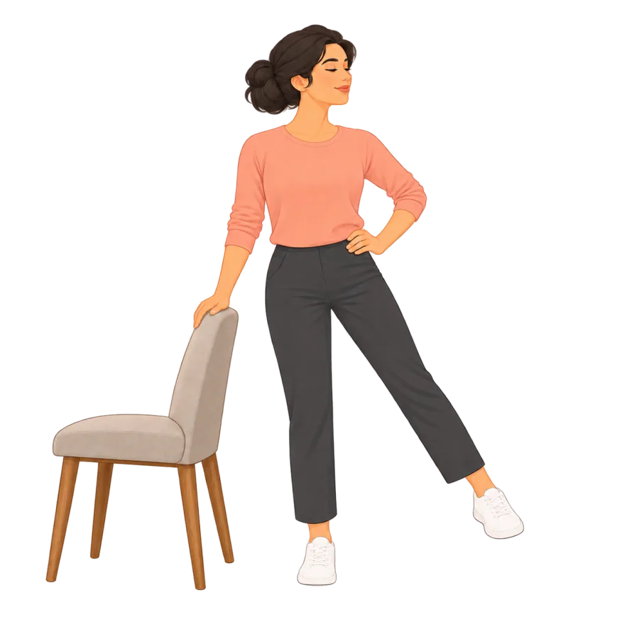 Standing beside a stable chair and moving one leg gently out to the side.