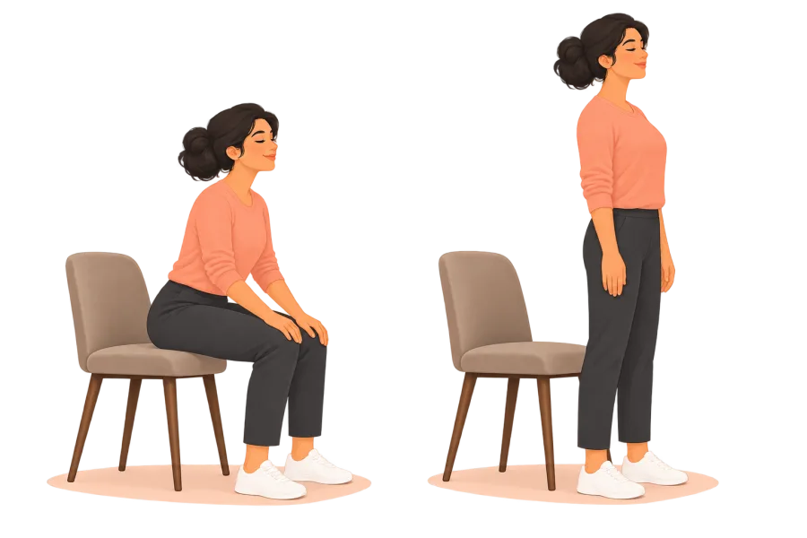 Starting seated near the front of a stable chair, then standing upright in front of it.