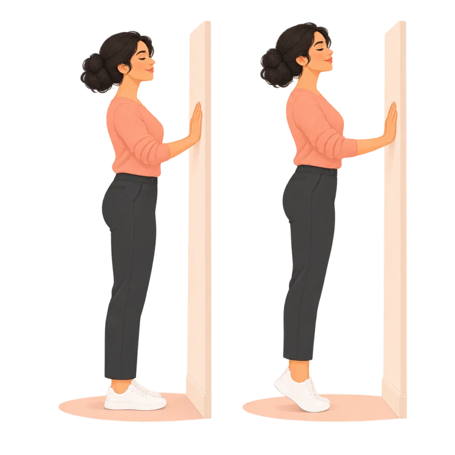 Standing with feet flat, then lifting both heels while using a wall for balance.