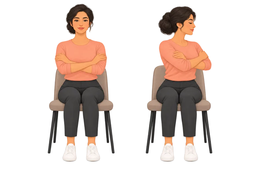Seated facing forward, then turning the upper body while feet and hips remain forward.