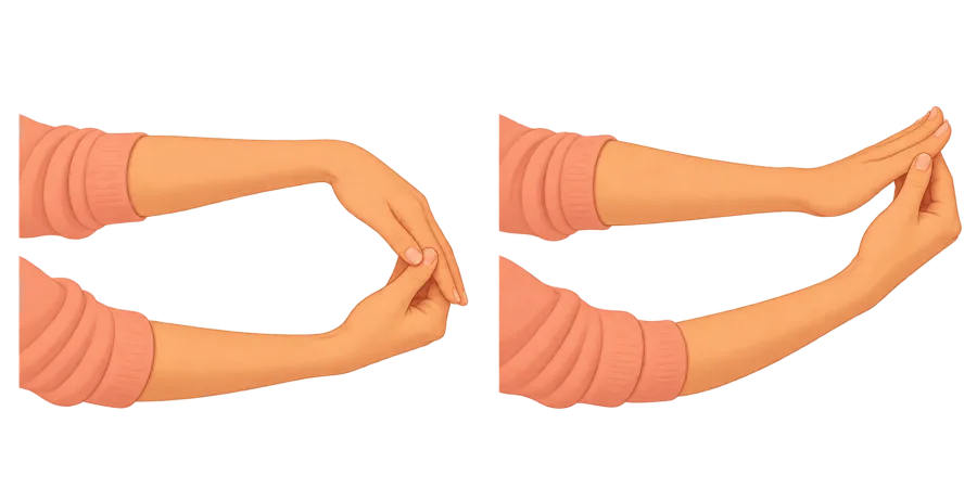 Close views showing fingers gently guided down and up for a wrist and forearm stretch.
