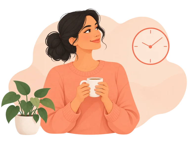 Illustrated woman pausing with a warm mug beside a clock.
