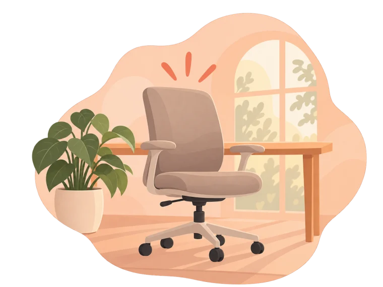 An inviting empty desk chair with a plant and sunlit window.